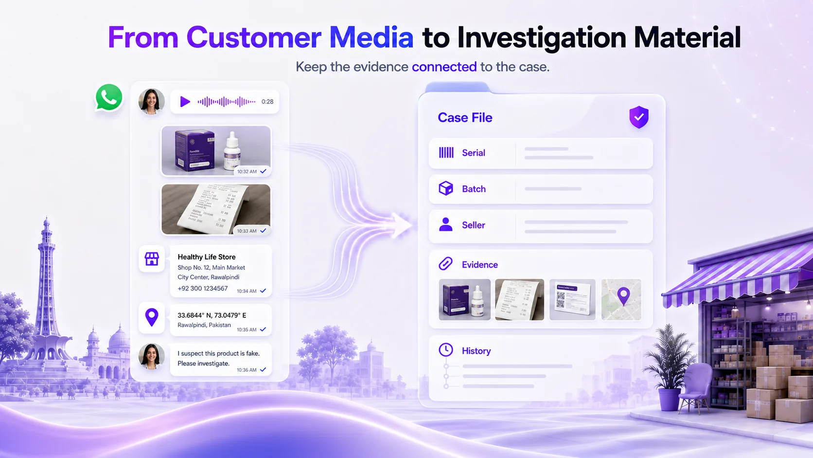 Structured evidence record containing package photographs, receipt, seller details, location and voice notes