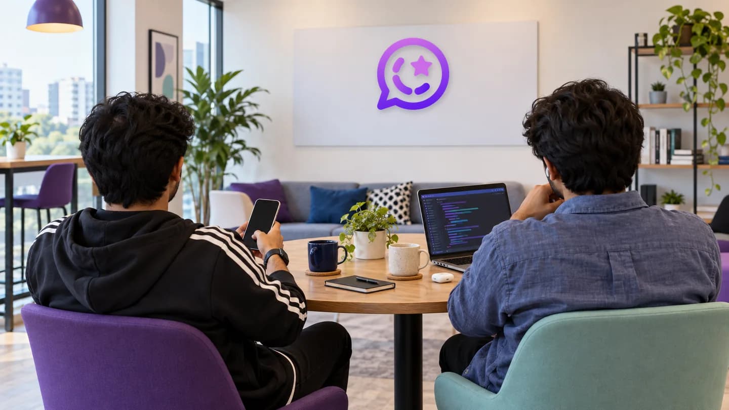 Moiz and Asmir seen from behind at a small WAB2C office breakout table with two cups, a mobile phone, laptop and wireless earbuds