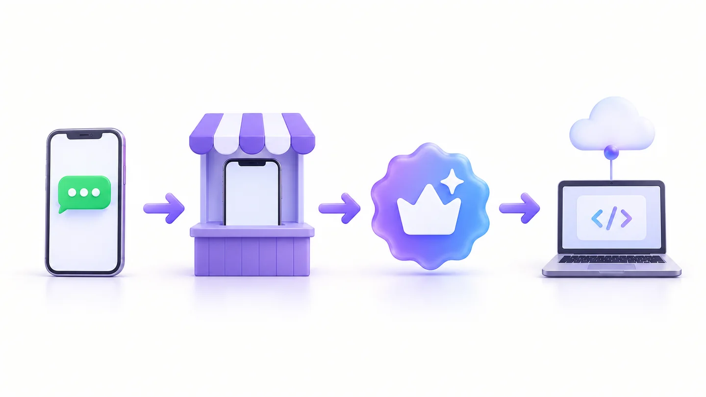 A diagram separating personal messaging, the Business App, a subscription layer and programmable API workflows