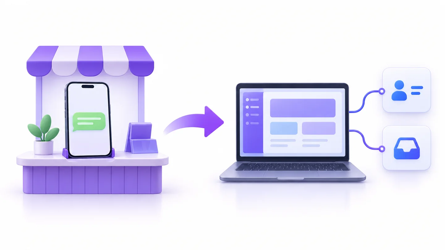 A split diagram comparing a polished mobile shop counter with a laptop connected to a CRM card and team inbox
