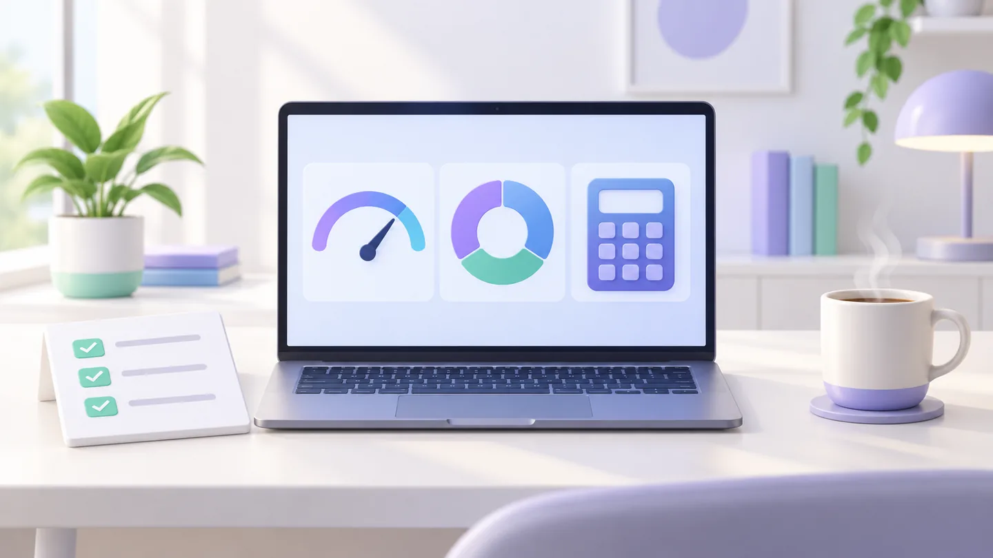 A simple owner desk with a laptop showing a reply gauge, category chart and calculator beside a checklist and coffee cup