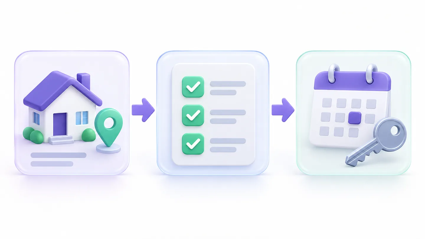 A three-step property inquiry workflow from customer question to qualification checklist and scheduled site visit