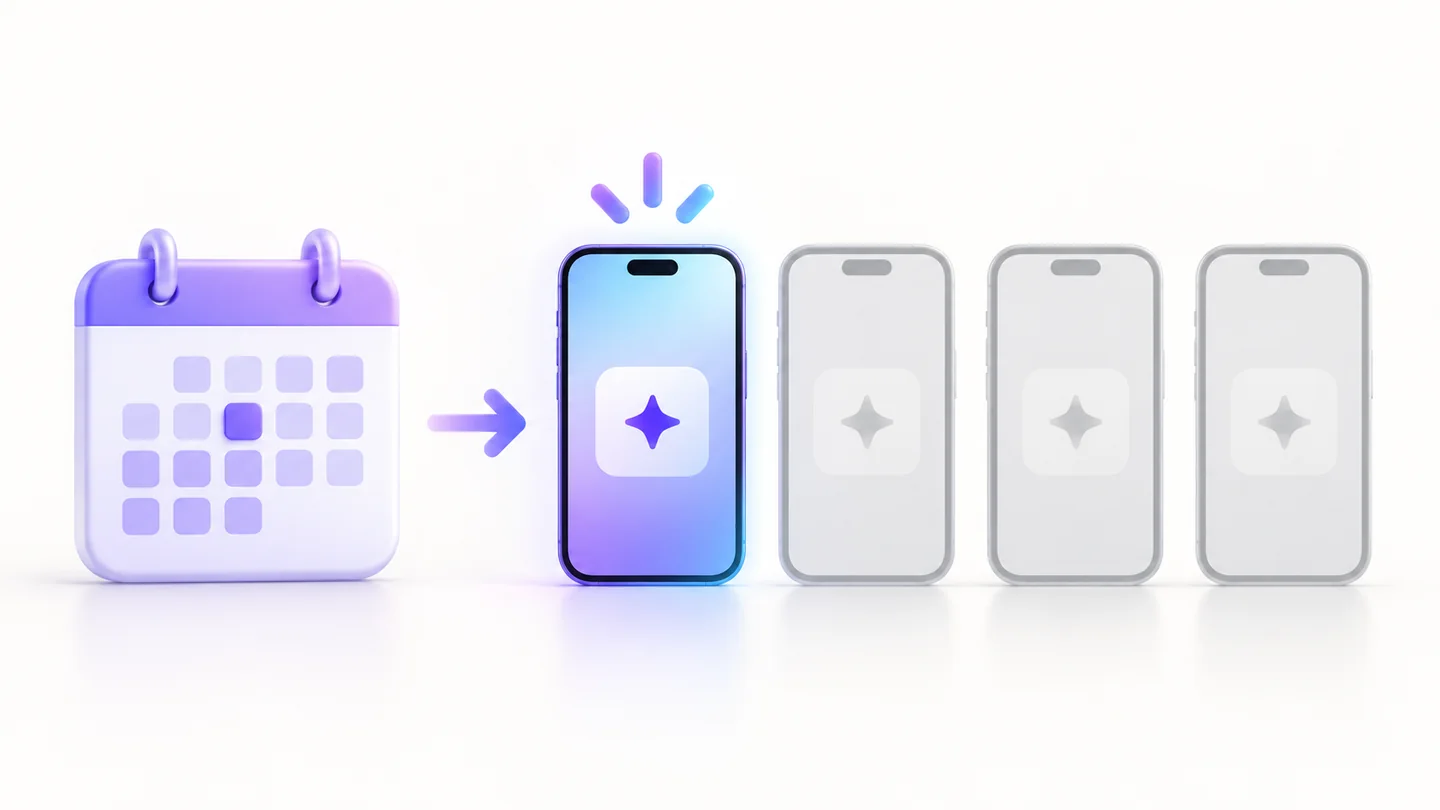 One highlighted phone receiving an account feature while three other phones remain inactive beside a calendar card