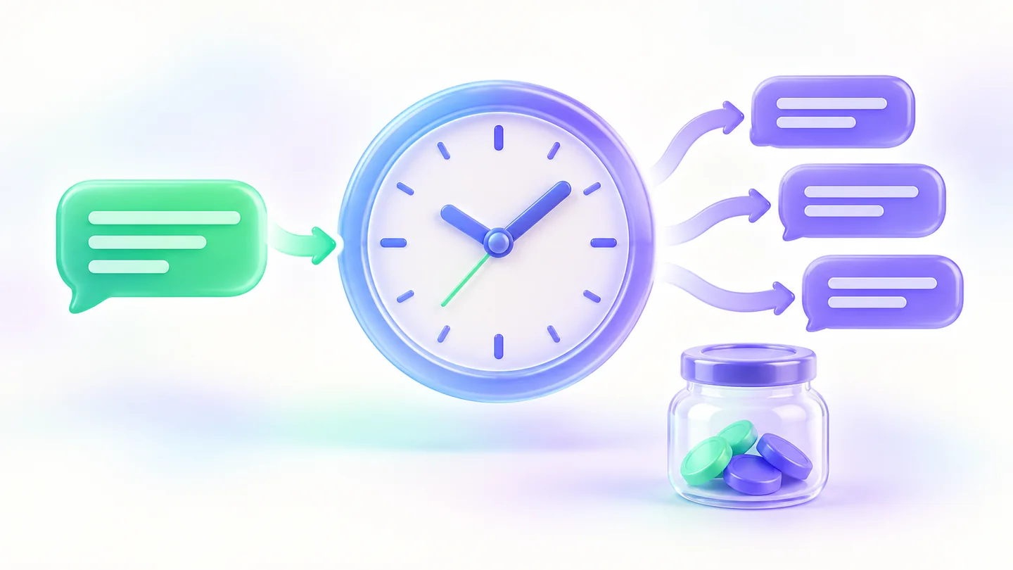 A 24-hour service-window diagram with an incoming customer chat and several outgoing business replies
