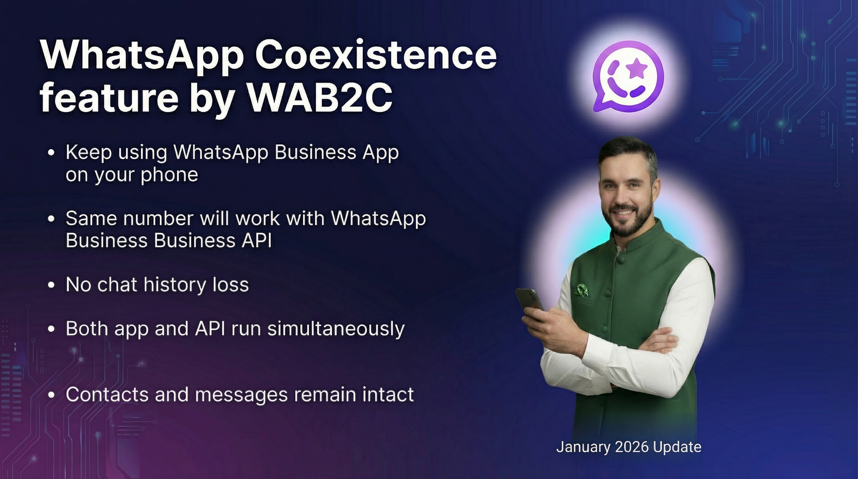 WhatsApp Coexistence feature by WAB2C - One Number, Two Experiences. Keep using WhatsApp Business App on your phone while the same number works with WhatsApp Business API for automation